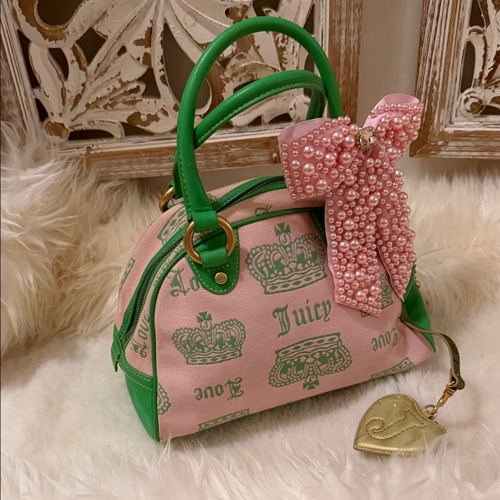 Vintage Authentic Juicy Couture Pink & Green Satchel with Pearl Bow Accent💕